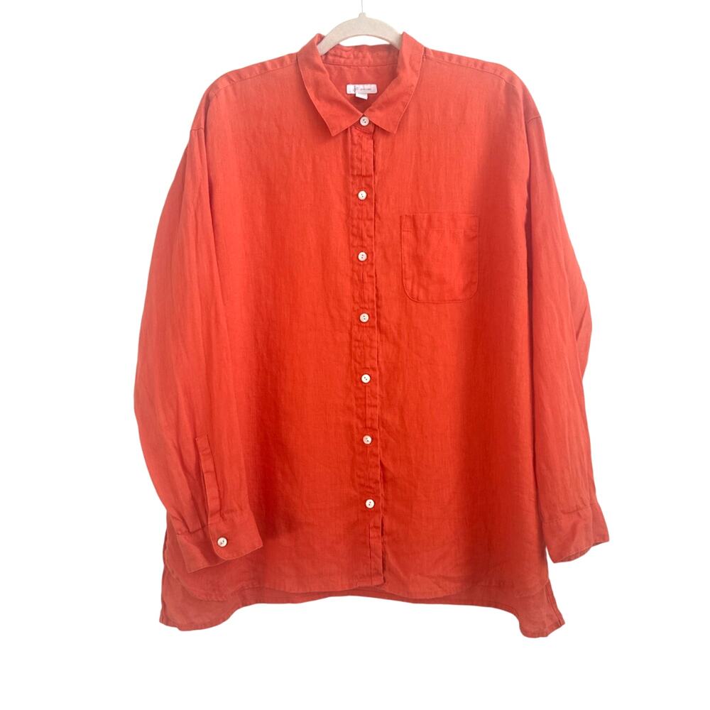 J.Jill Love Linen Size Large 100% Linen Orange Collar Long Sleeve Top